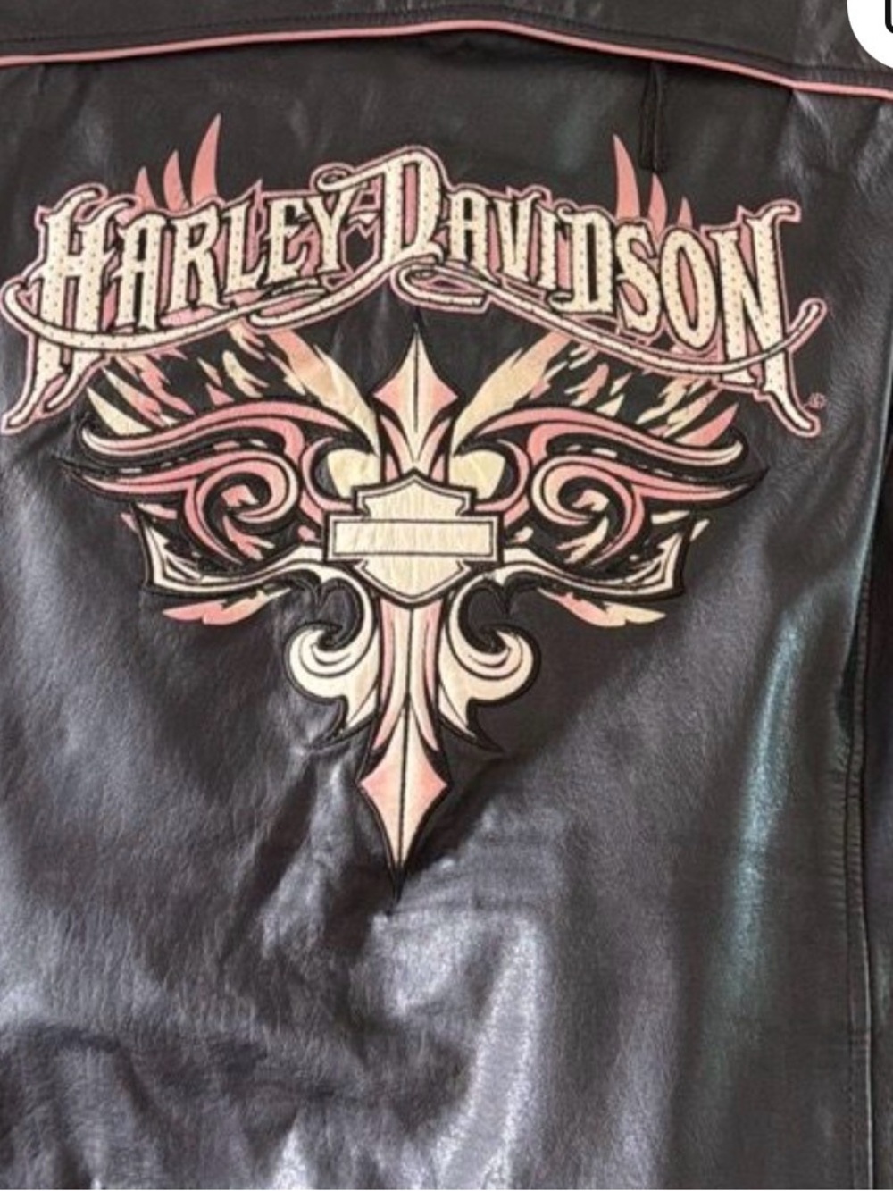 Harley-Davidson Black Leather Jacket with Pink and Cream Back Emblem